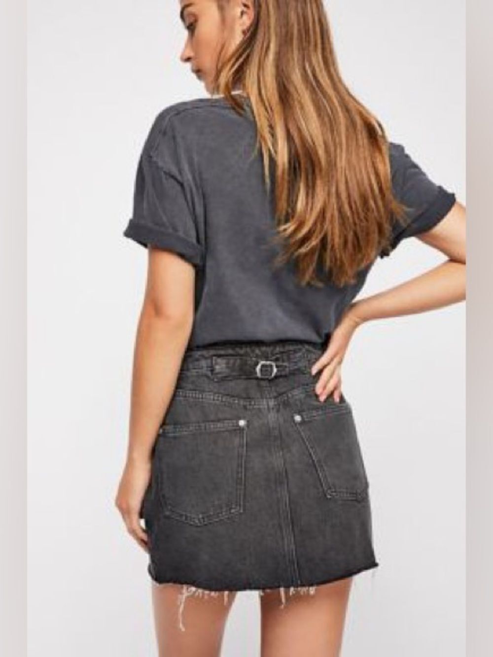 We The Free Black-Gray Washed Denim Mini Skirt